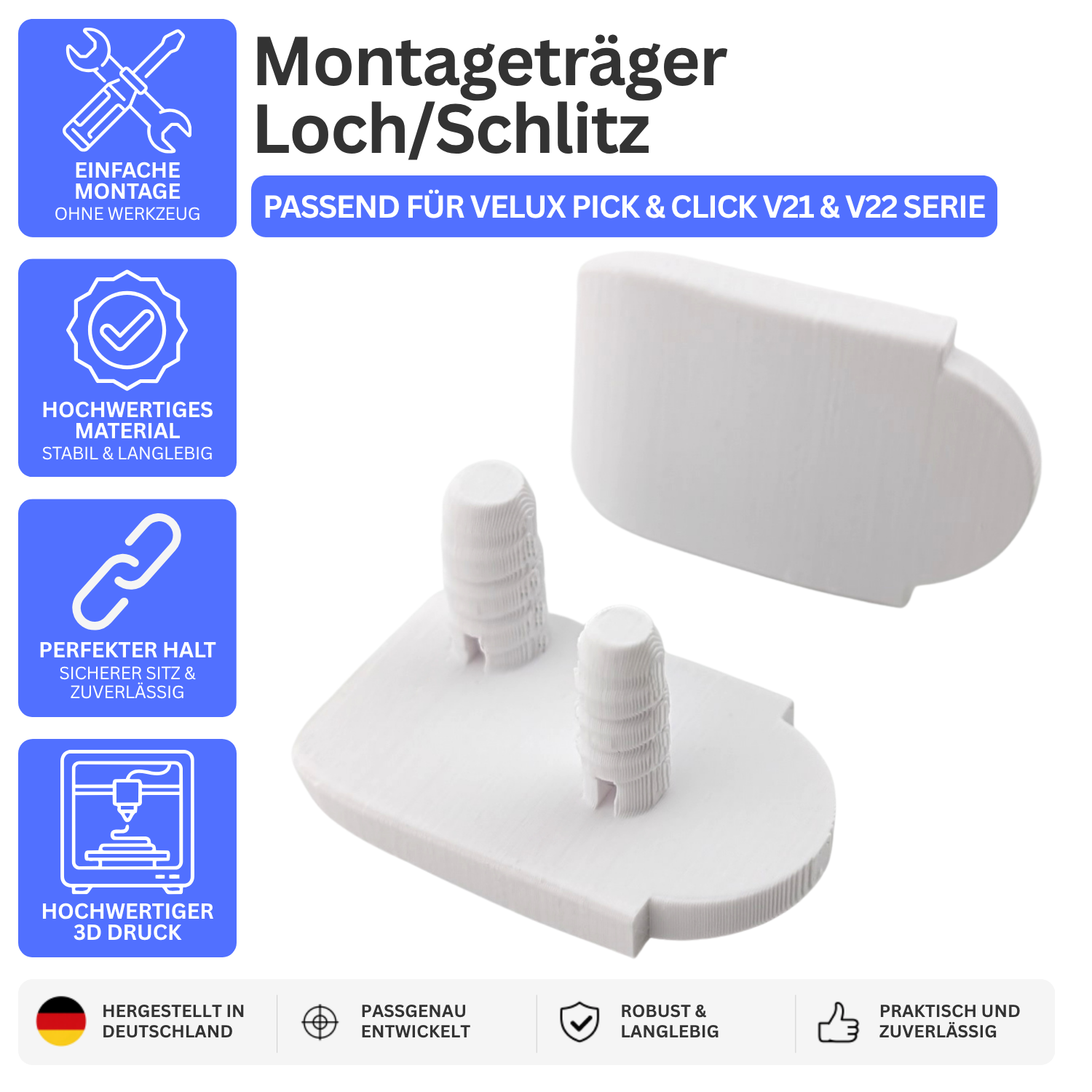 Montageträger Loch/Schlitz passend für VELUX Pick & Click V21 & V22 Serie – Stabiler Doppelsatz, Weiß | PrintBTW